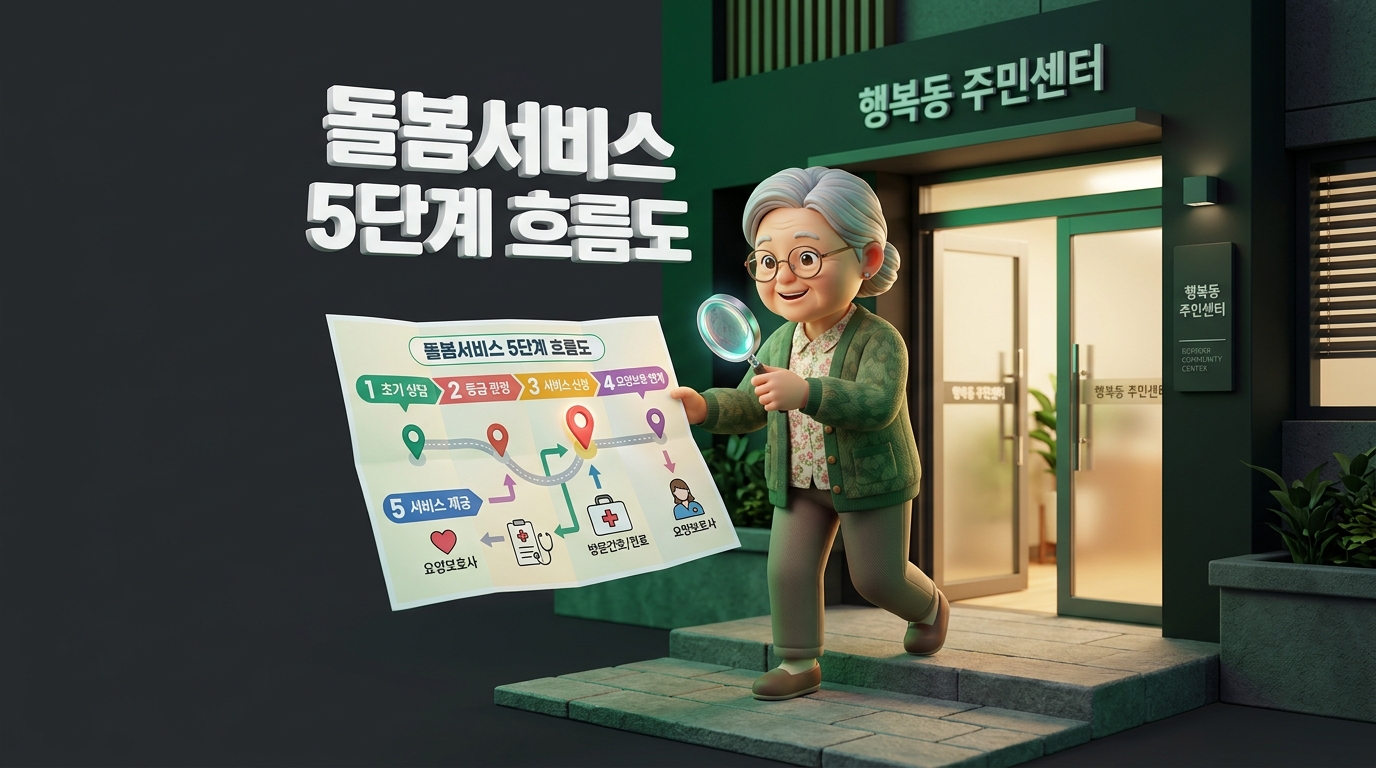 통합돌봄서비스를 신청한 후 거치게 되는 5단계의 서비스 연결 흐름을 돋보기로 살펴보는 어르신 3D 캐릭터 썸네일 이미지