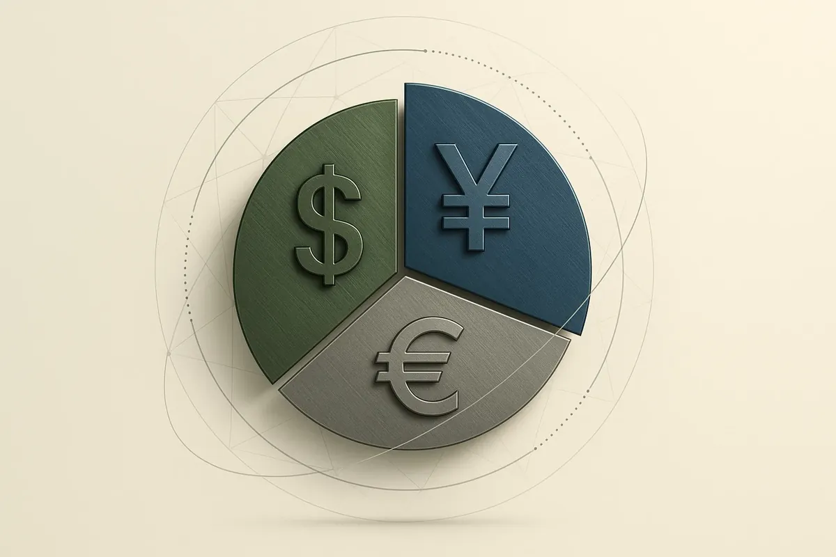 세계 주요 통화(달러, 엔화, 유로)가 표시된 글로벌 투자 포트폴리오 다양성을 보여주는 차트 이미지