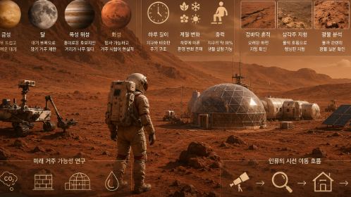붉은 화성 표면 위 미래 거주 기지와 탐사 로버, 얼음 흔적 분석 자료를 보여주는 장면