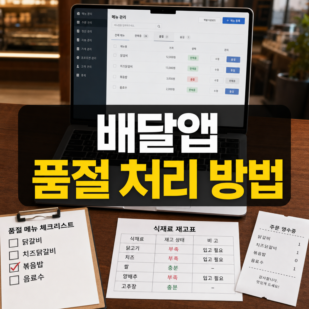 배달앱 품절 처리 방법과 재료 부족 시 메뉴 숨김 주문 실수 방지 기준을 정리한 이미지
