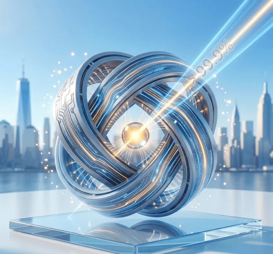 퀀티넘 IPO: 현대적이고 정밀한 3D 디지털 렌더링 이미지로, 밝고 희망적인 미래 도시 스카이라인을 배경으로 투명한 Pedestal 위에 떠 있는 복잡한 포획 이온 트랩 장치를 보여줍니다. 이 장치는 Quantinuum의 Helios 양자 컴퓨터의 핵심 기술인 완벽한 이온 조작을 시각화합니다. 정밀한 micro-회로와 광학 렌즈로 구성된 기하학적 구조 중앙에는 빛나는 단일 이온이 레이저 빔에 의해 정교하게 제어되고 있습니다. 장치의 금속 부분에