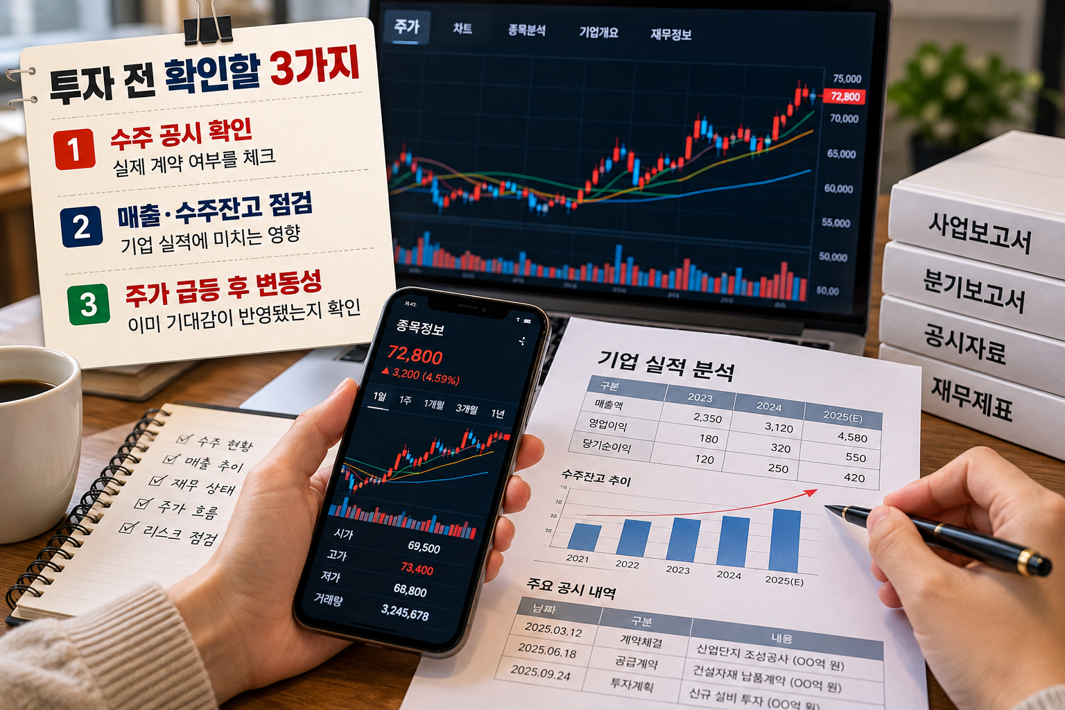 호남 반도체 클러스터 관련주 투자 전 수주 공시, 기업 매출과 수주잔고, 주가 급등 후 변동성을 분석하는 모습