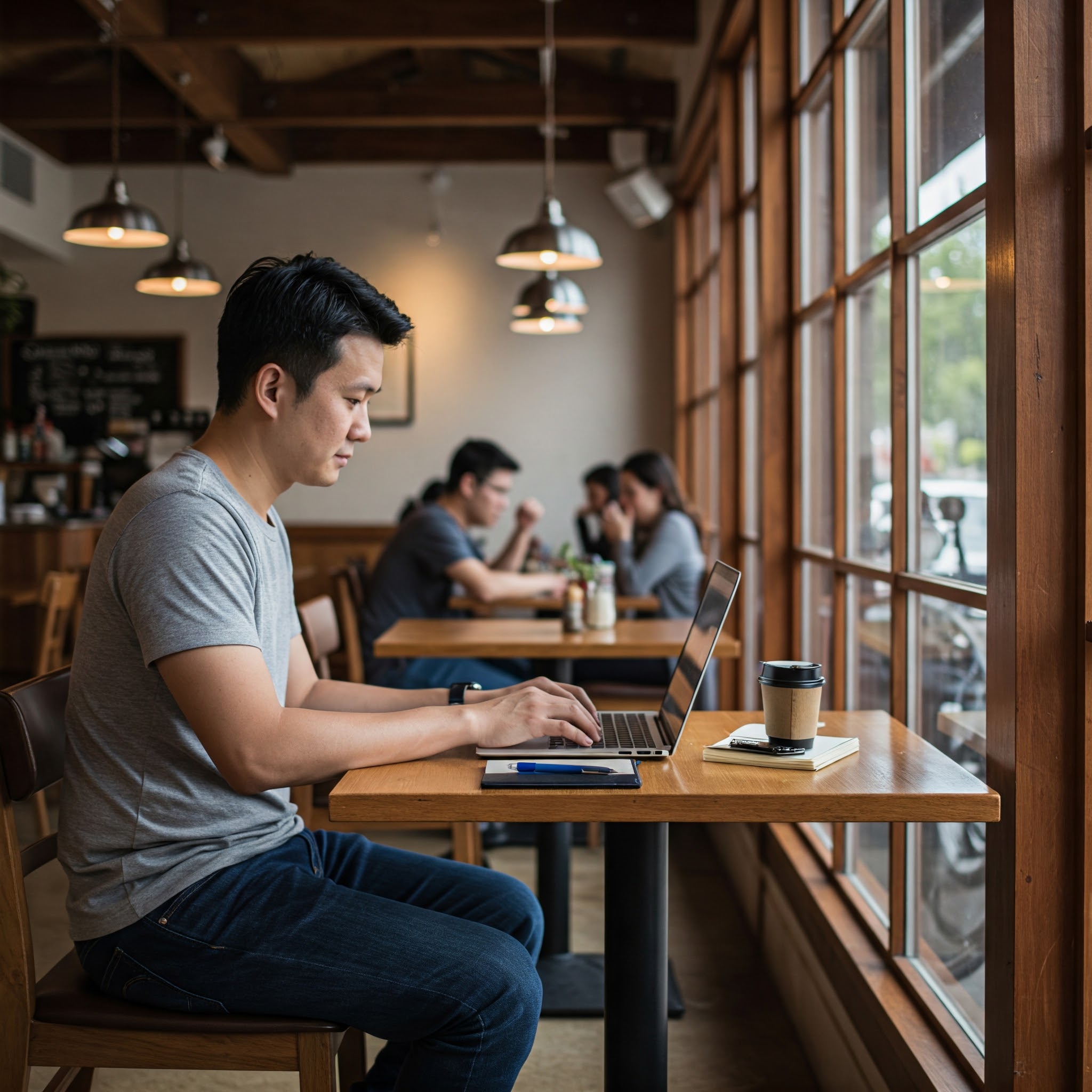 분위기 좋은 카페에서 글쓰는 남자의 옆모습