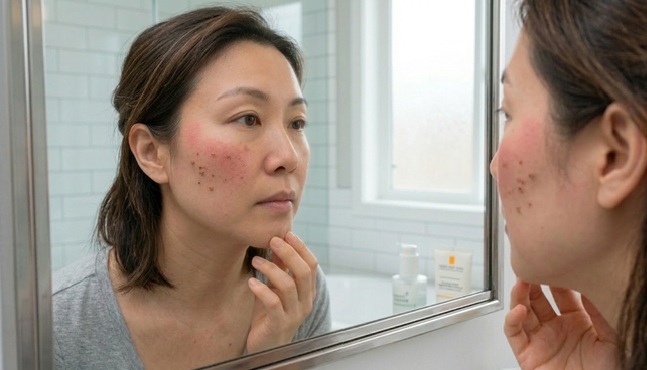 한국인 20대 후반 여성이 레이저 시술 후 볼 부위에 생긴 작은 딱지들을 거울을 보며 세심하게 확인하는 모습. 피부는 약간 붉게 상기되어 있음