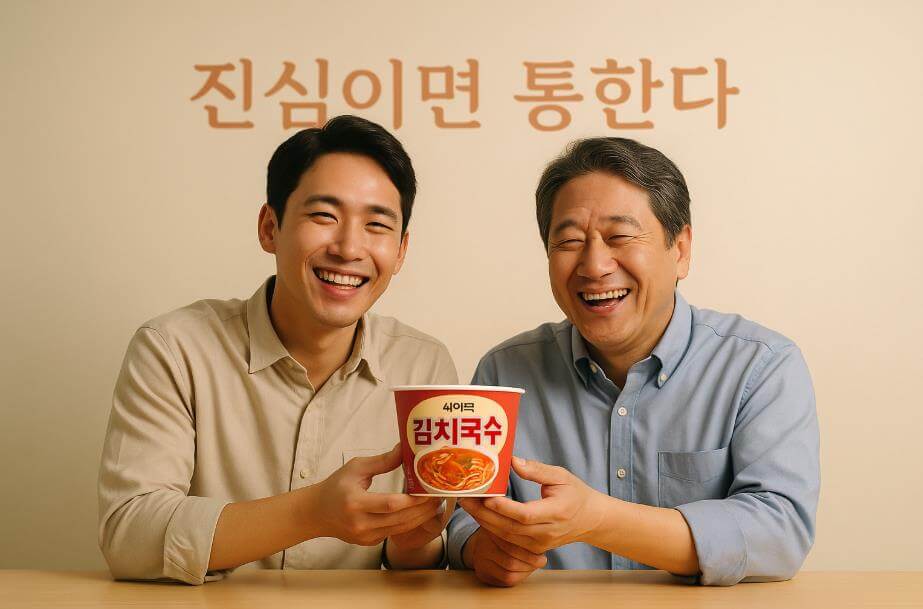 세이면 김치국수를 통해 진심의 가치를 나누는 소비자의 모습을 상징하는 장면