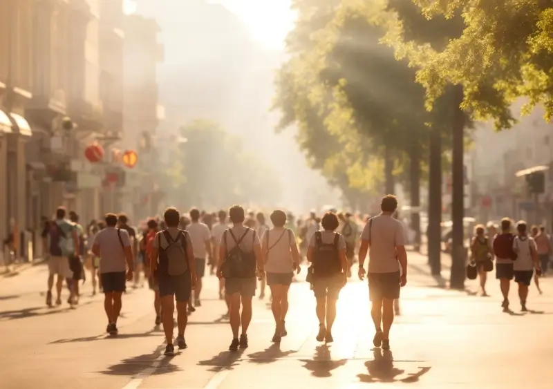 뜨것운-햇살-아래-반바지를-입고 걷는-사람들의-뒷모습