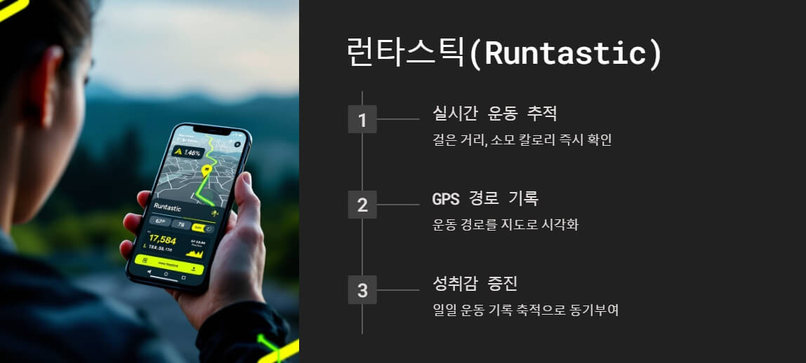 런타스틱(Runtastic)의 주요 기능을 설명하는 화면. 실시간 운동 추적, GPS 경로 기록, 성취감 증진을 강조하며 운동 경로를 보여주는 스마트폰 화면 포함