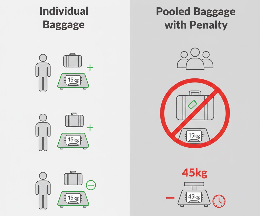 무료위탁수하물 1개 15kg 뜻, 3명 가족이면 &ldquo;총 45kg?&rdquo; 1인 기준&middot;합산&middot;유아 규정까지 정리