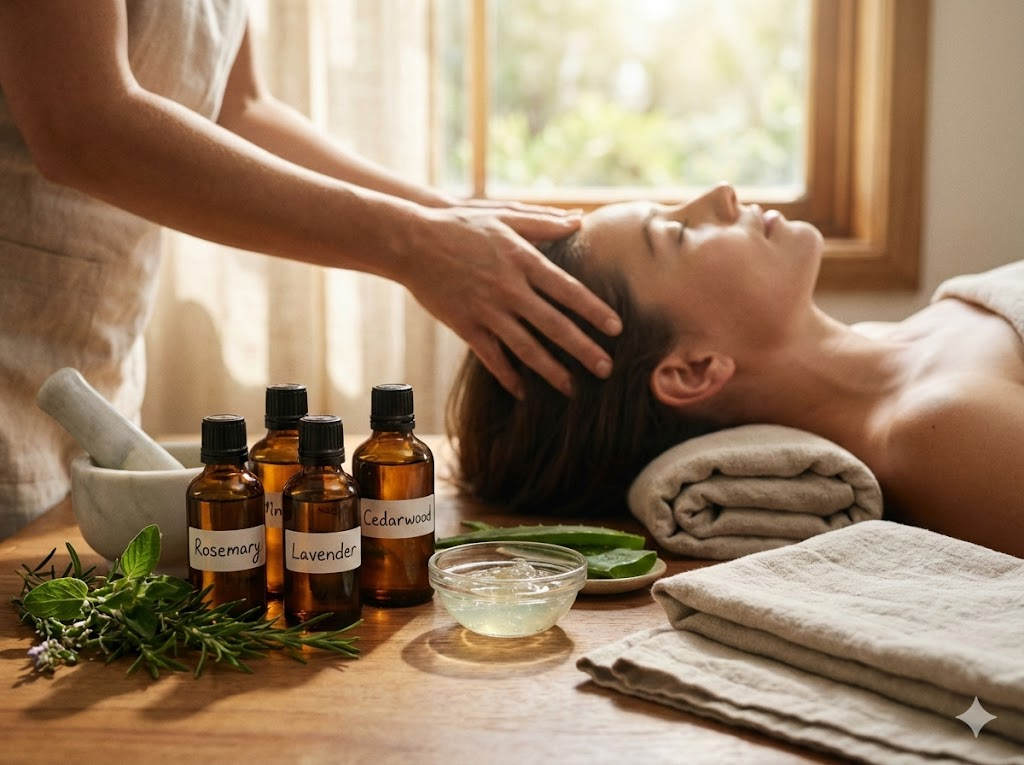 정수리 백회혈과 옆머리 측두근을 자극하는 두피 경락 마사지 모습. 탈모 예방과 혈액 순환을 돕는 전문가의 손길