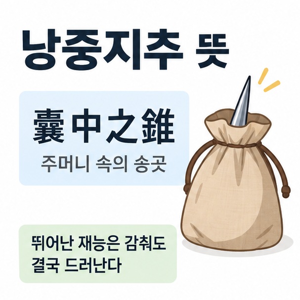 낭중지추 뜻이라는 제목과 주머니 속에서 송곳 끝이 밖으로 드러나는 모습을 상징적으로 표현한 대표 이미지