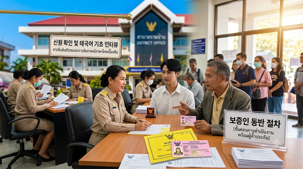 방콕 구청 등록 담당관과 보증인이 함께 앉아 인터뷰를 진행하는 모습
