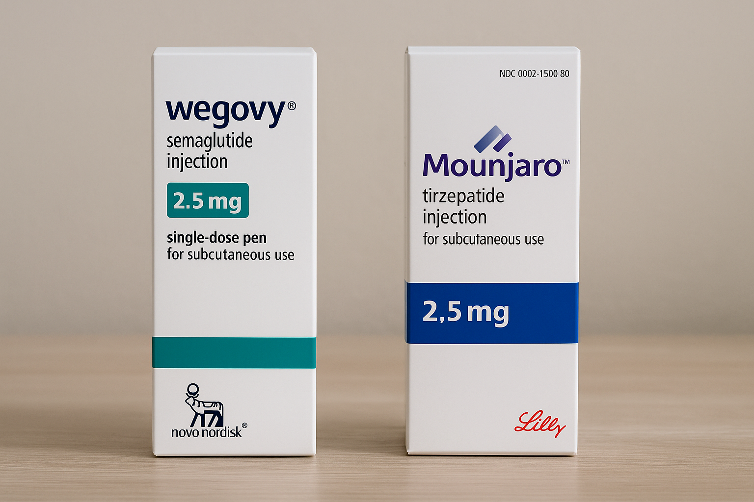 위고비와 마운자로 패키지가 나란히 놓인 모습, 비만치료제 비교를 표현한 이미지