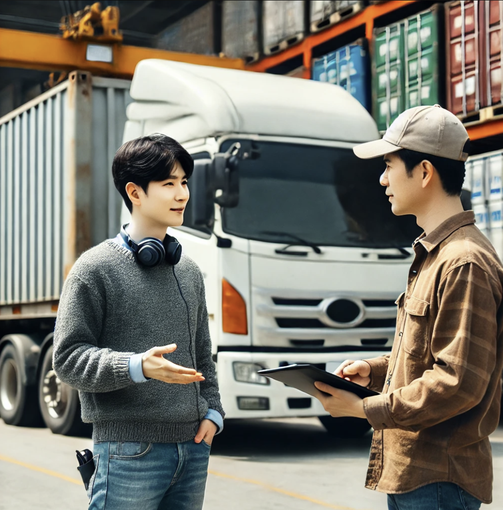물류 허브에서 클라이언트와 상호 작용하는 화물차주.