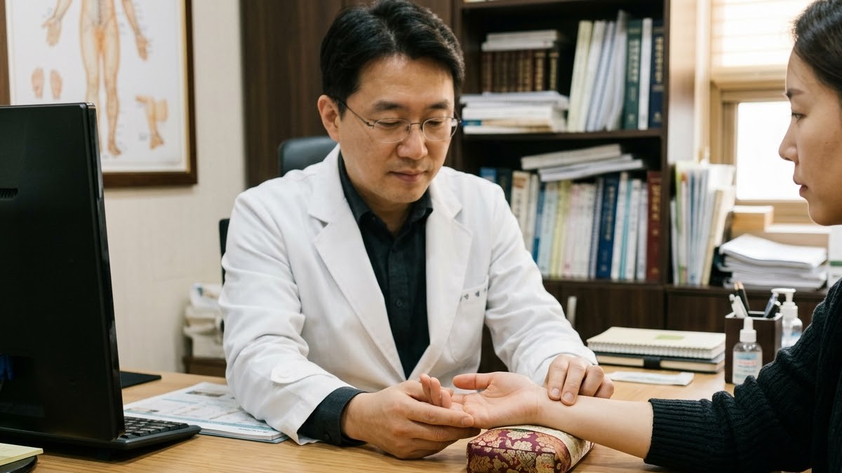 한의원에서 한의사가 환자의 손목을 살펴보는 모습