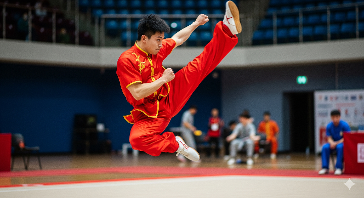 우슈 투로 경기를 펼치는 선수의 역동적인 모습