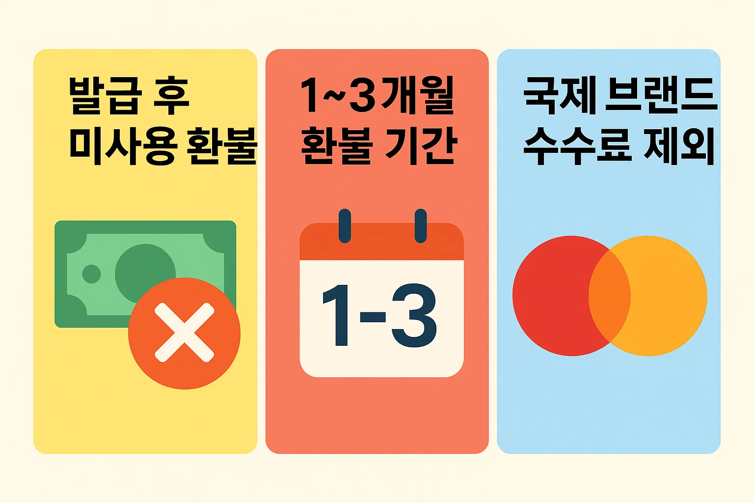 발급 후 미사용 환불 가능 여부, 1~3개월 환불 기간, 국제브랜드 비용 제외 등 신용카드 미사용 연회비 환불 규정을 정리한 인포그래픽