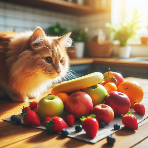 과일 냄새를 맡고 있는 고양이 모습