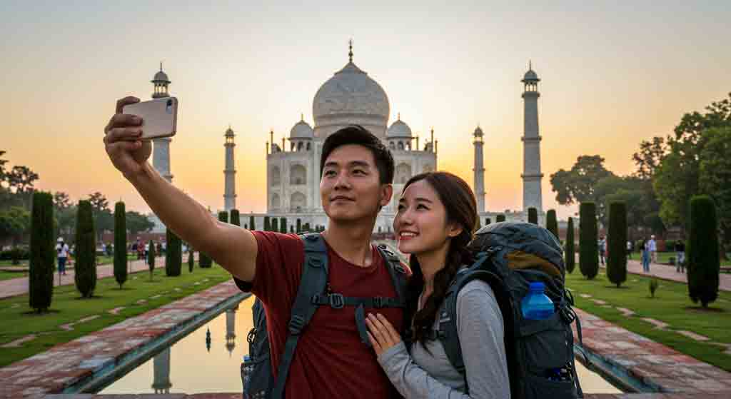 인도 아그라 타지마할에서 인증 사진 촬영하는 커플
