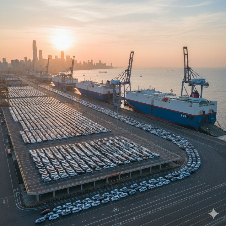 수출용 자동차가 선적되는 항구의 전경