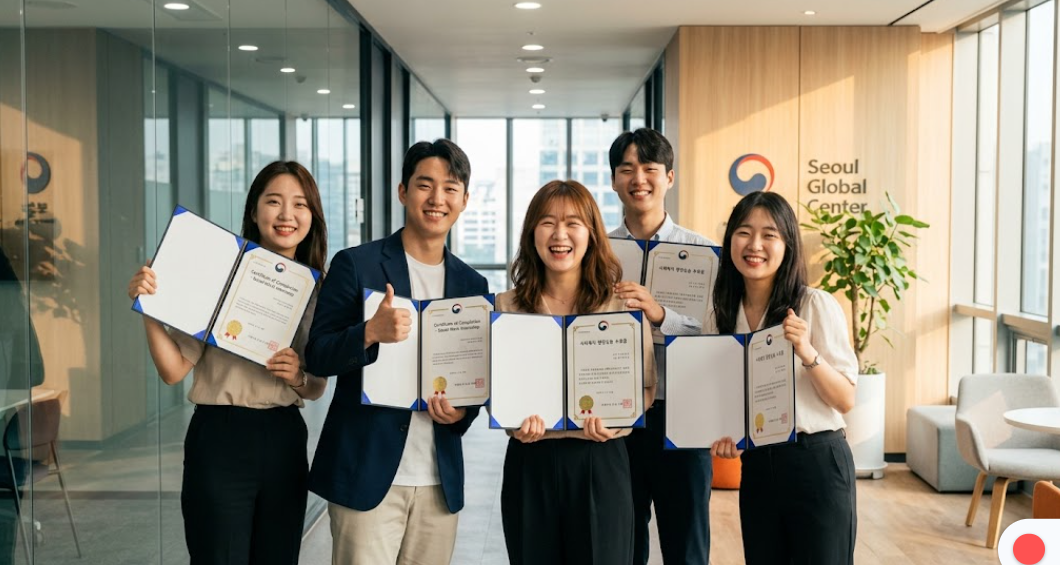 실습을 마치고 동료들과 함께 밝게 웃으며 수료증을 들고 있는 모습