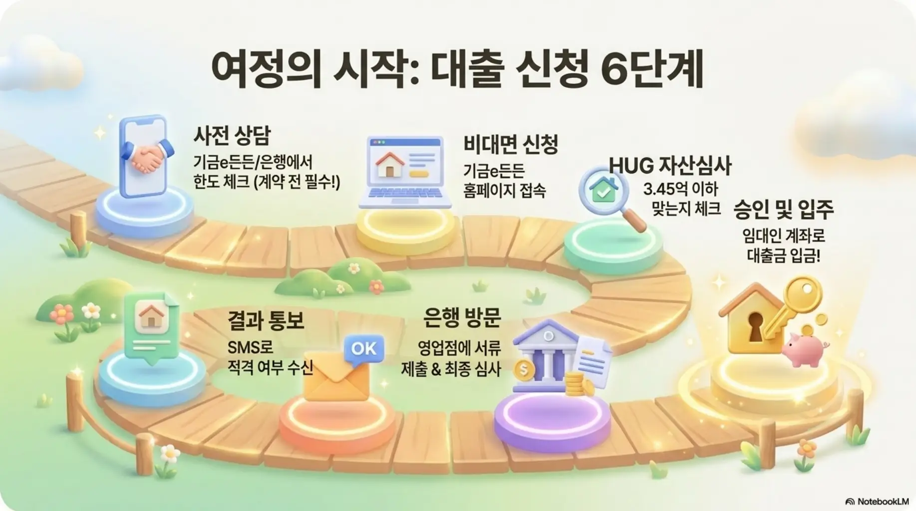 버팀목전세자금대출 신청 절차 6단계(사전 상담→비대면 신청→자산심사→결과 통보→은행 방문→승인 및 입주)를 보드게임 형태로 정리한 이미지. 블로그의 버팀목전세자금대출 신청방법과 관련된 내용을 설명함