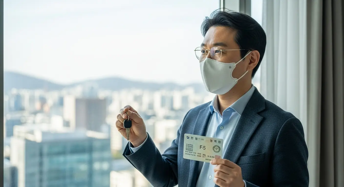 F-5 영주권(영주증)을 든 한국계 외국인이 한국의 아파트를 보며 주택담보대출을 알아보는 모습