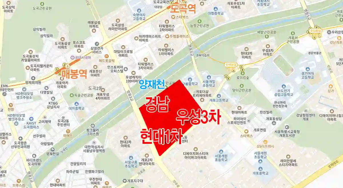 경남-우성3차-현대1차-아파트-위치-빨간색