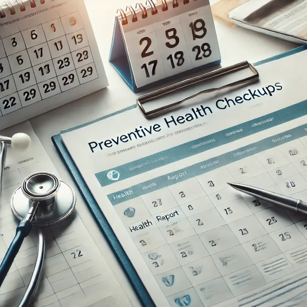 건강검진을 상징하는 청진기와 건강 보고서, 체크된 달력이 놓인 깔끔한 테이블
