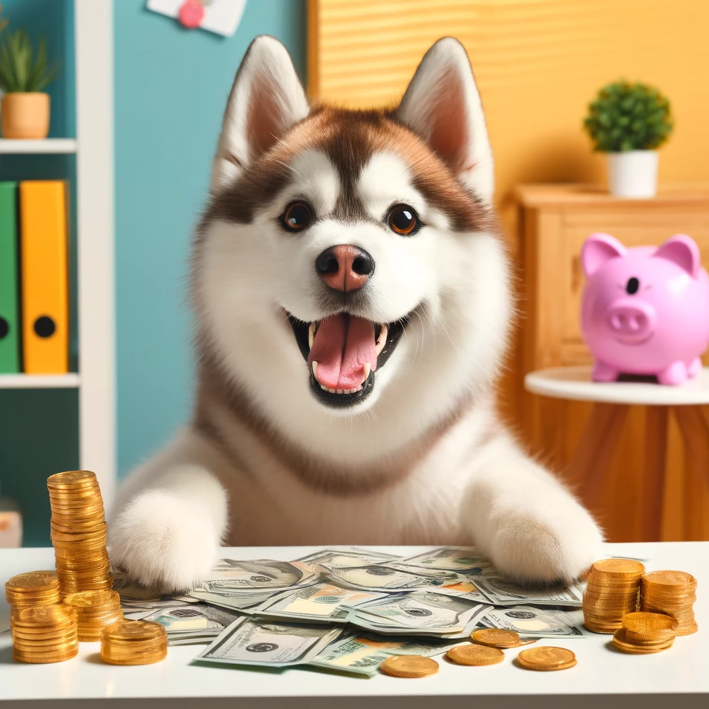 돈을 만지고 있는 강아지 그림