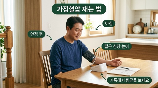 가정혈압 재는 법 아침 안정 후 팔 심장 높이