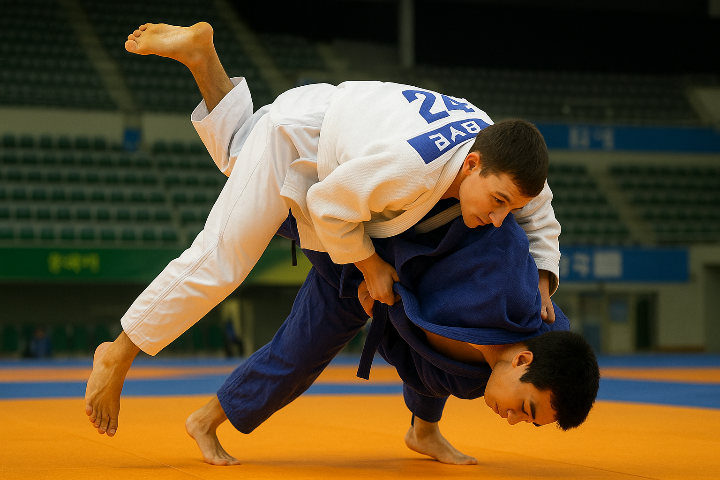 유도선수가 허벅다리걸기 기술을 시연하는 모습