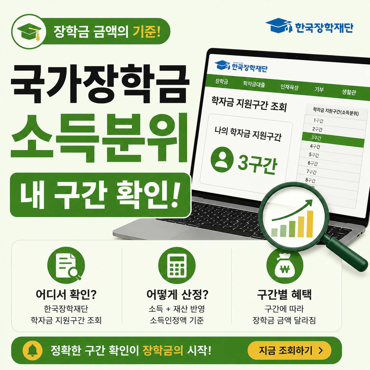 국가장학금 소득분위 학자금 지원구간 확인 화면