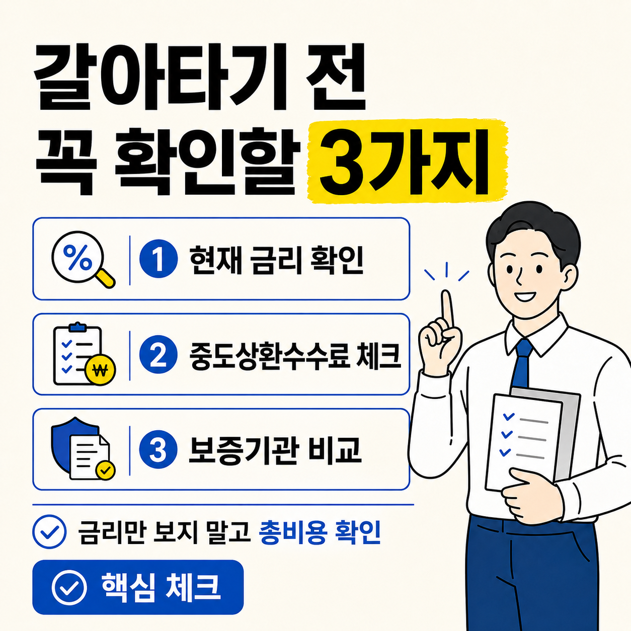 전세대출 갈아타기 전 현재 금리, 중도상환수수료, 보증기관을 확인해야 한다는 체크리스트 이미지