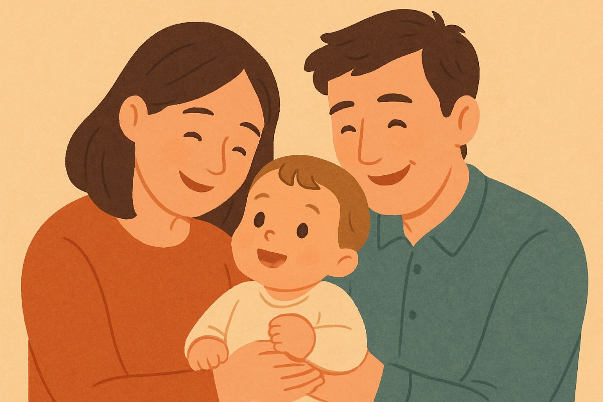 아기와 부모 미소