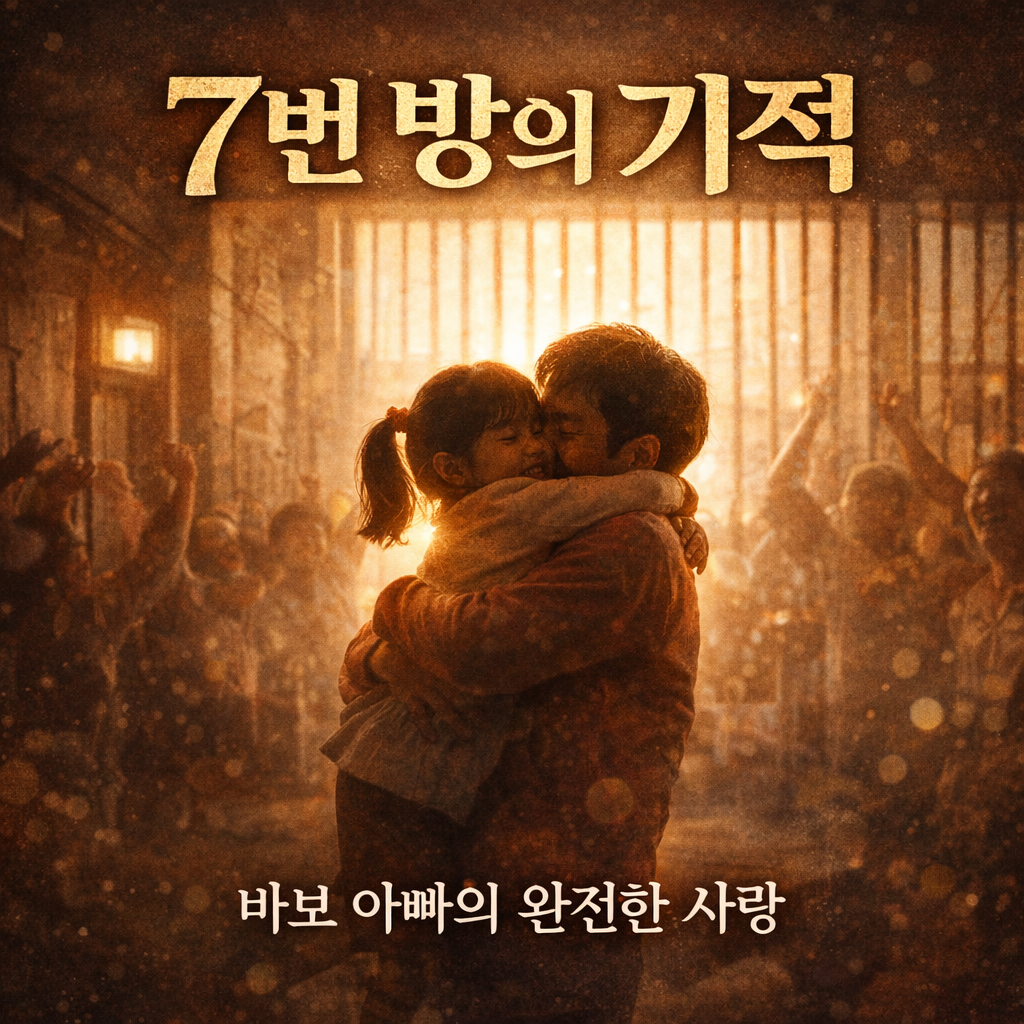 감옥에서 아빠가 딸아이를 안고있는 사진. 영화제목과 한줄평이 삽입되어 있음.