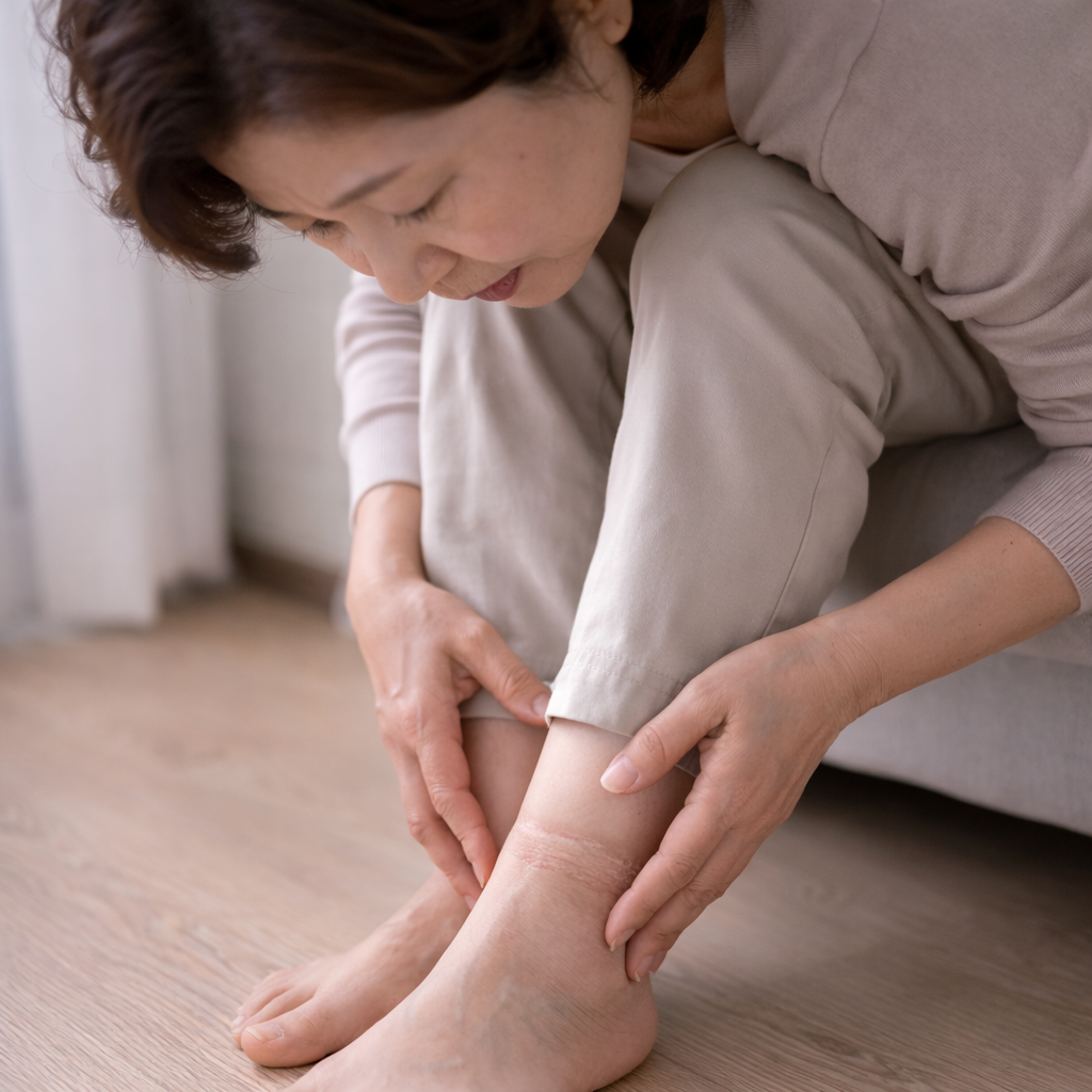 심부전에서 나타날 수 있는 발목 부종을 확인하는 모습