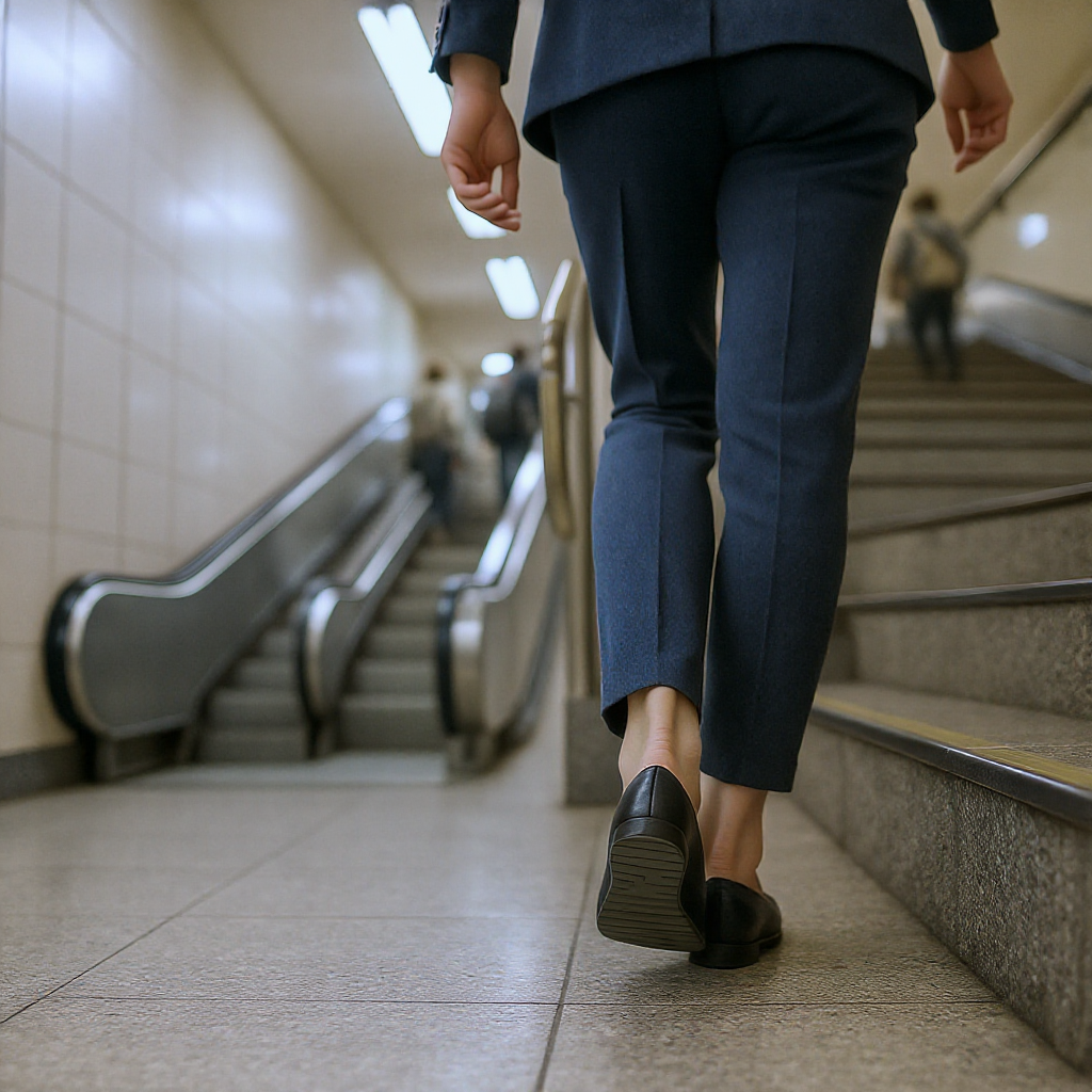 [이미지 2: 한 30대 한국인 여성이 지하철역에서 에스컬레이터 대신 계단을 선택해 올라가는 모습]