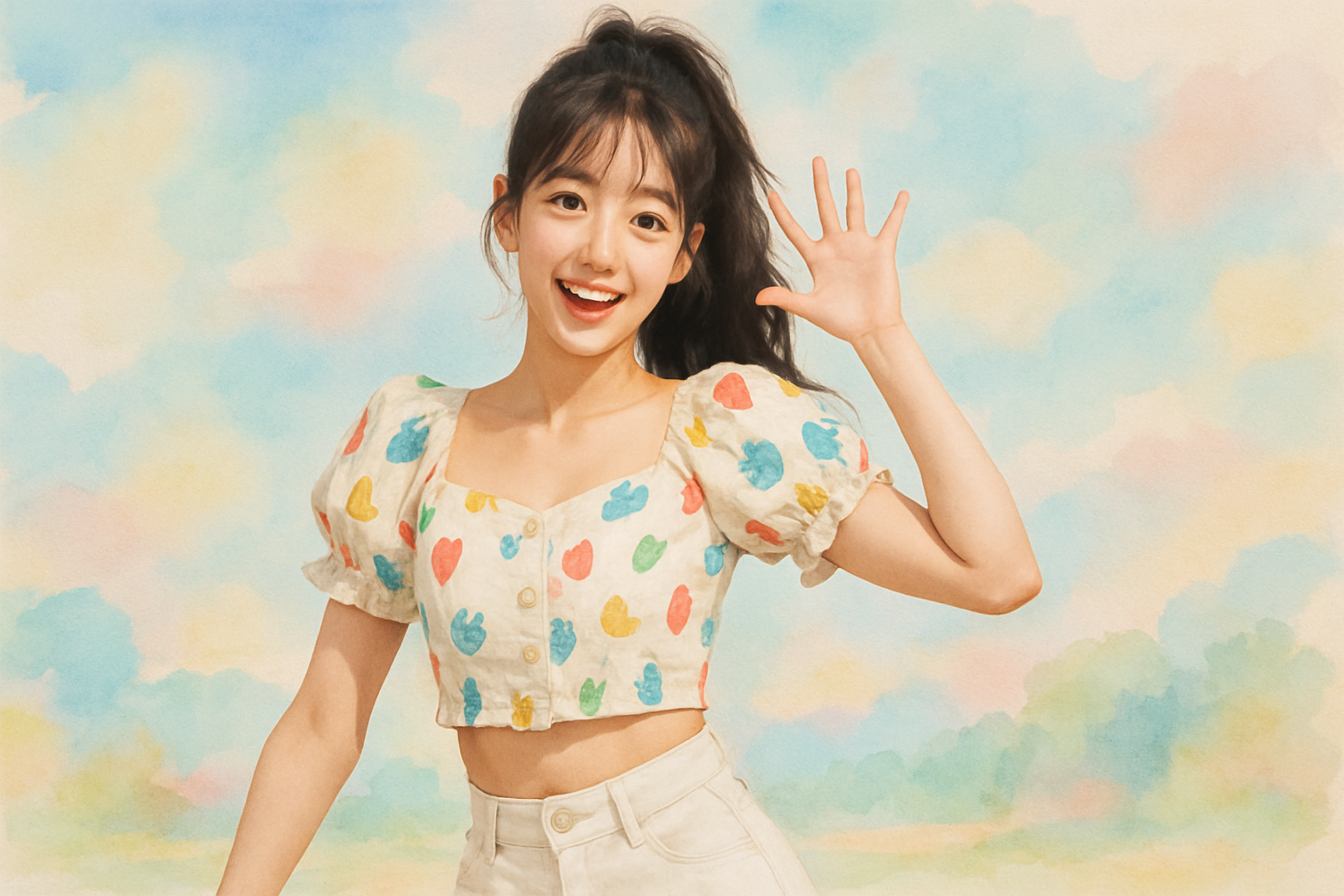 여자 반바지와 크롭 블라우스를 입은 인물이 밝게 인사하는 모습
A cheerful woman in white shorts and a cropped blouse waving with a bright smile