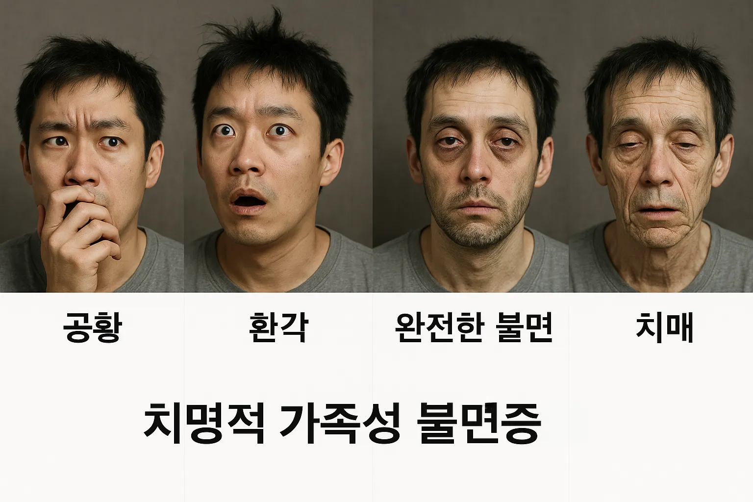 치명적 가족성 불면증이 공황, 환각, 완전한 불면, 치매 순으로 악화되는 4단계 증상 인포그래픽