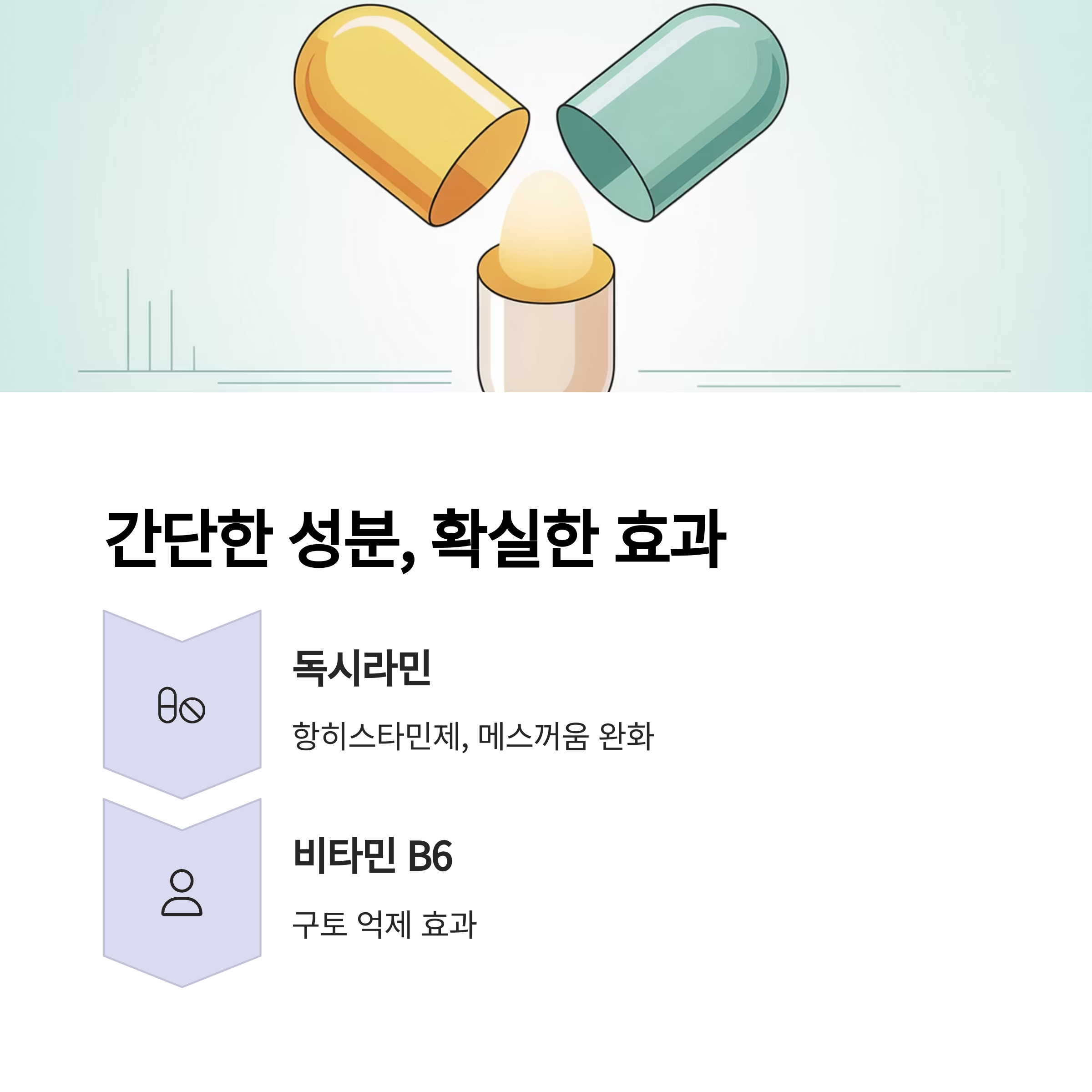 디클렉틴에 포함된 독시라민과 비타민 B6의 효과를 소개하는 그래픽
