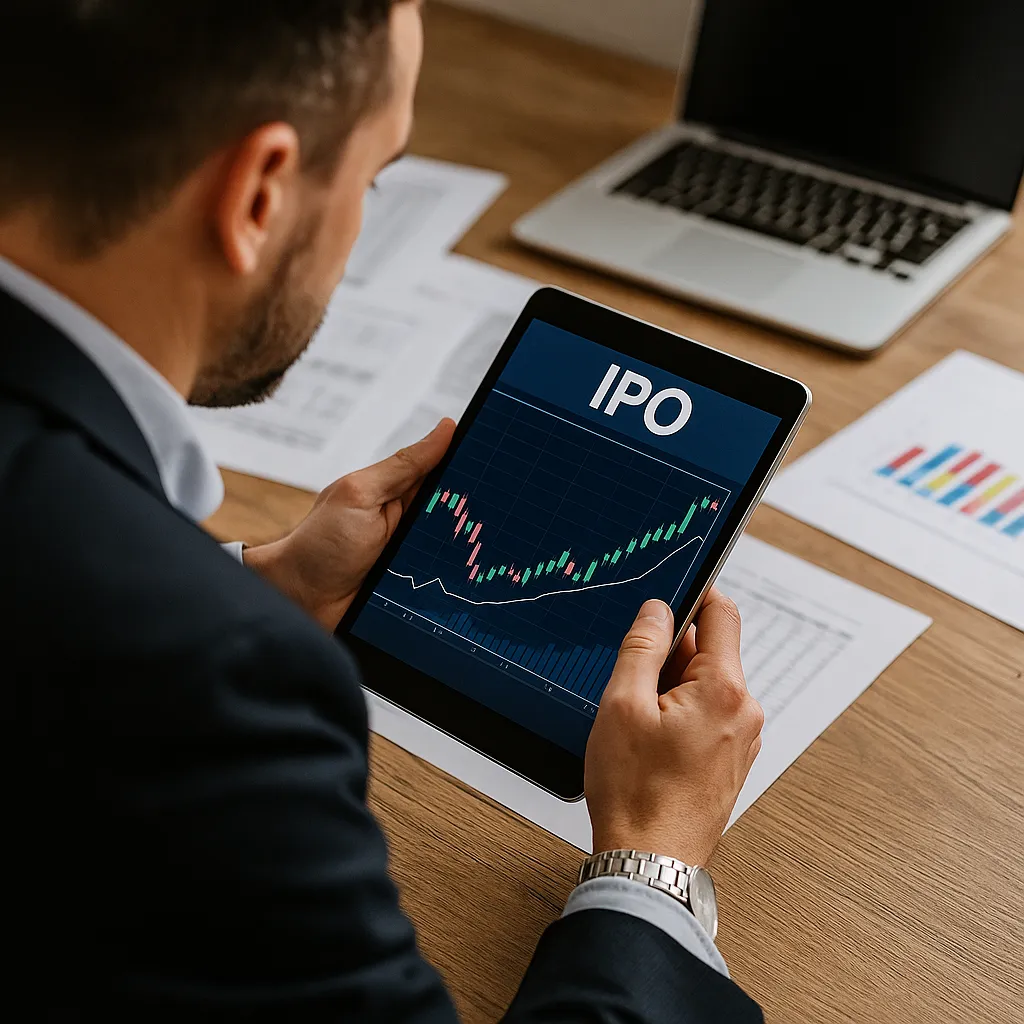 태블릿에서 IPO 차트를 분석 중인 투자자의 모습