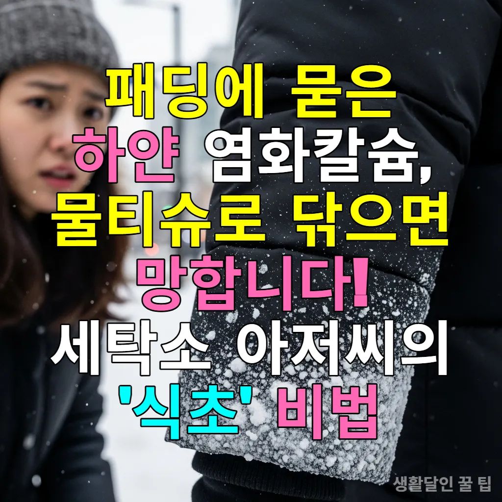 서울의 눈 내린 거리에서 검은색 롱패딩 밑단에 묻은 하얀 염화칼슘 얼룩을 걱정스럽게 바라보는 한국 여성의 모습