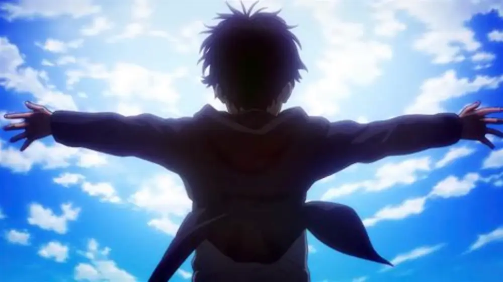 하늘을 향해 양팔을 벌린 에렌의 뒷모습