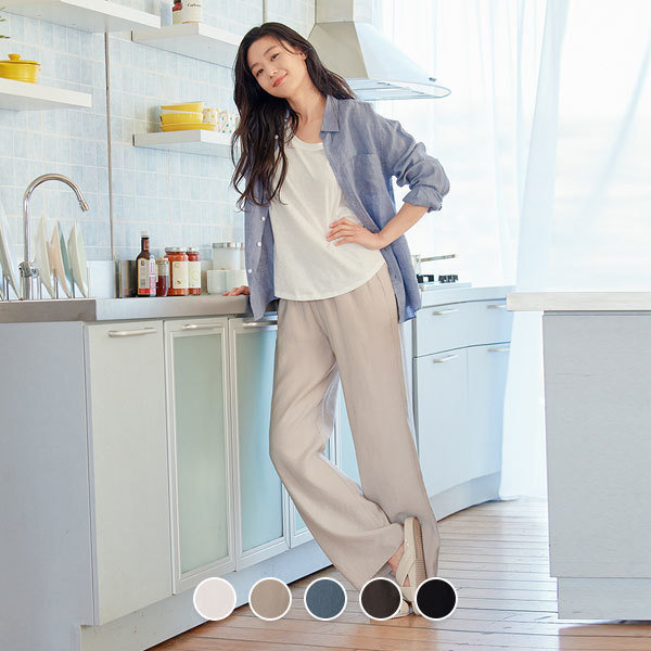 지오다노 여 린넨 와이드 풀밴딩 팬츠 411512