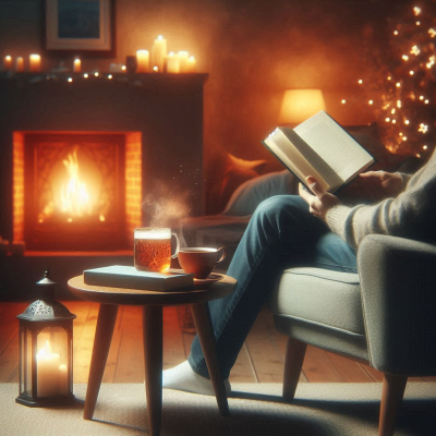 꿈에 대한 책을 펼쳐보고 있는 남성의 모습입니다. 아늑한 집안에서 편안하게 독서하는 장면입니다.