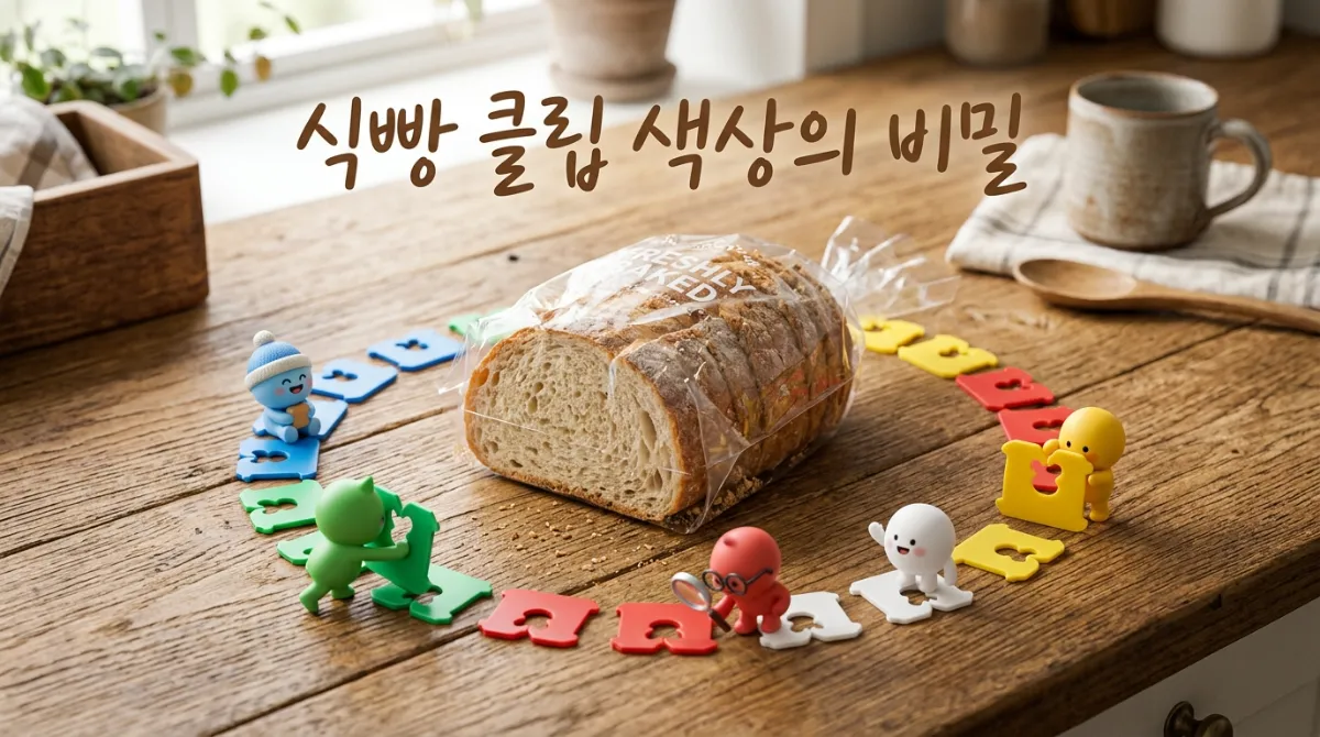 식빵 봉지에 꽂힌 다양한 색깔의 플라스틱 클립 모음 &mdash; 요일별 색상 코드 안내