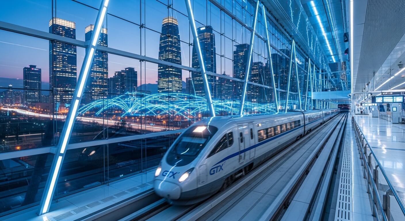 2026년 수도권 광역급행철도 GTX 개통에 따른 역세권 부동산 가치 상승과 도시 변화를 상징하는 이미지