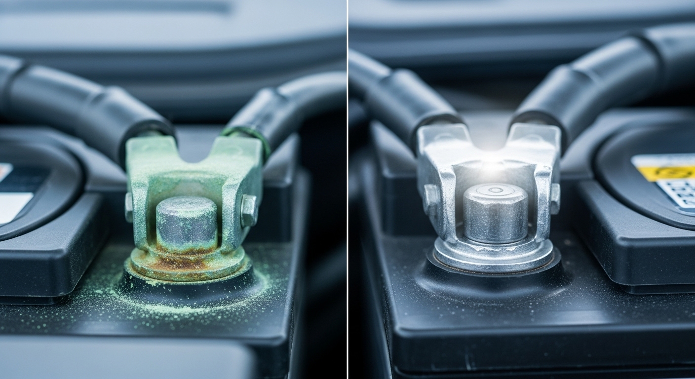 차량 배터리 단자의 부식 여부를 보여주는 근접 사진. 한쪽은 부식된 단자, 다른 쪽은 깨끗하게 관리된 단자로, 겨울철 배터리 점검의 중요성을 시각적으로 강조한다.