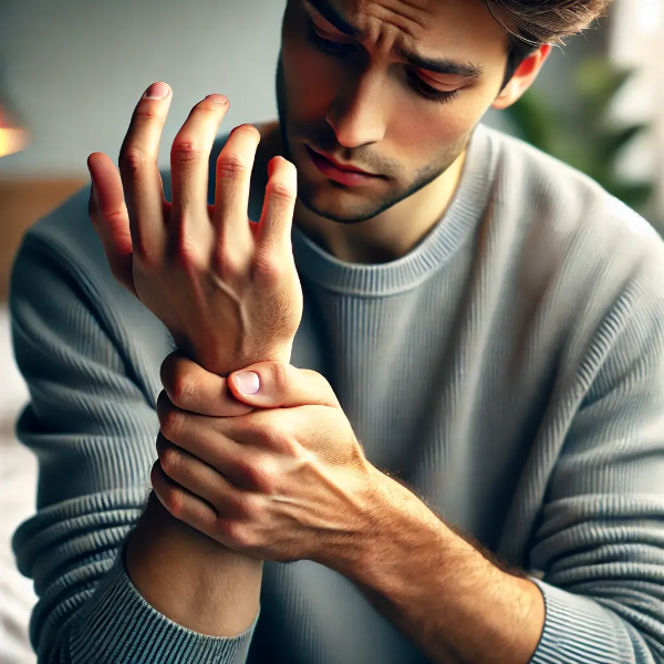 손 저림 증상을 느끼며 손목을 감싸고 있는 사람의 클로즈업 이미지