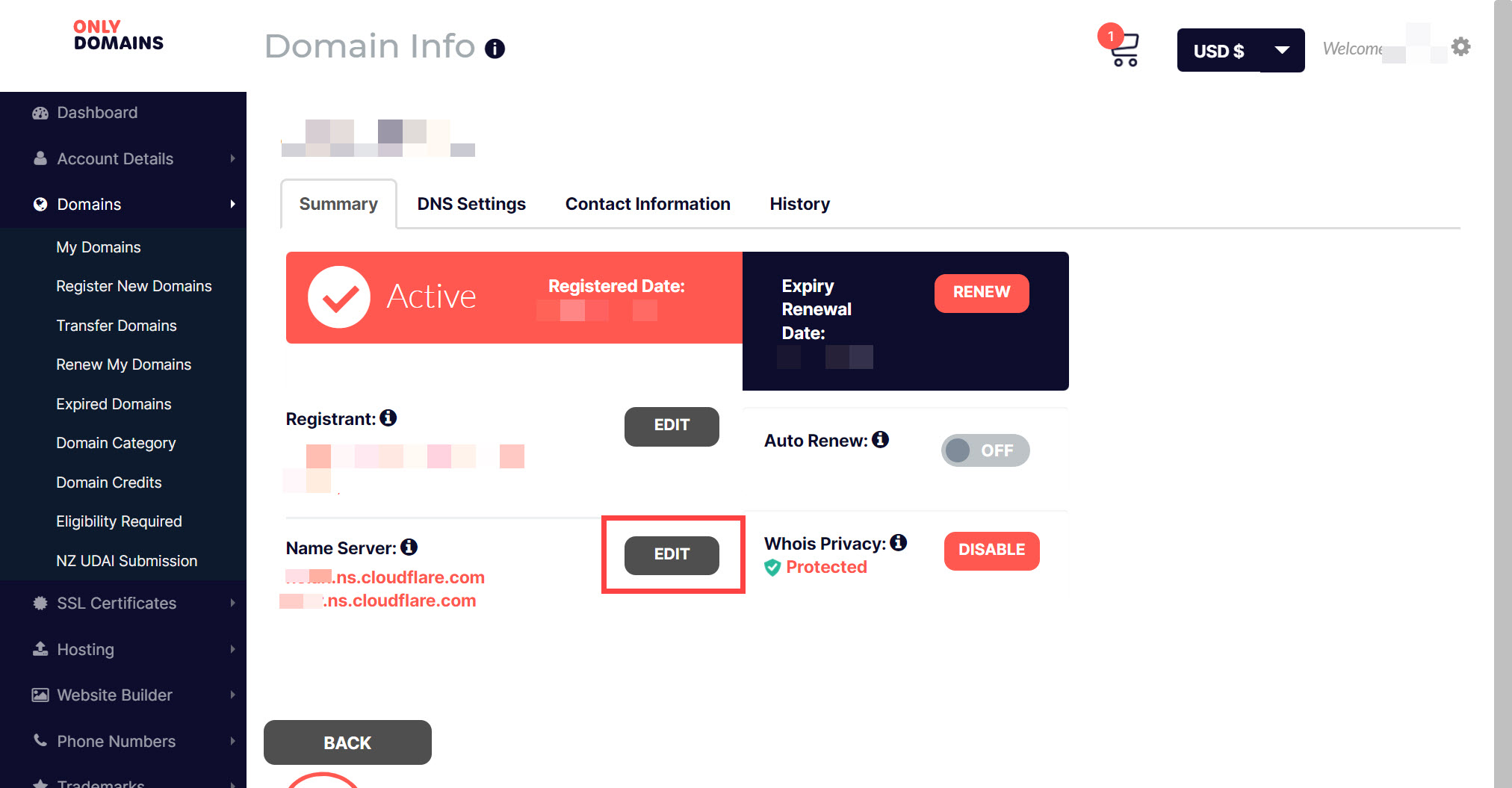 Onlydomains 도메인 네임서버 변경 방법